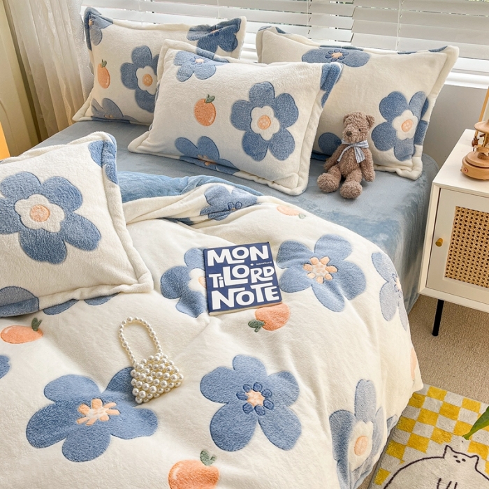 91家纺网 家纺一手货源 找家纺 慕尚2022新款5D牛奶绒法莱绒雪花绒四件套橘子花