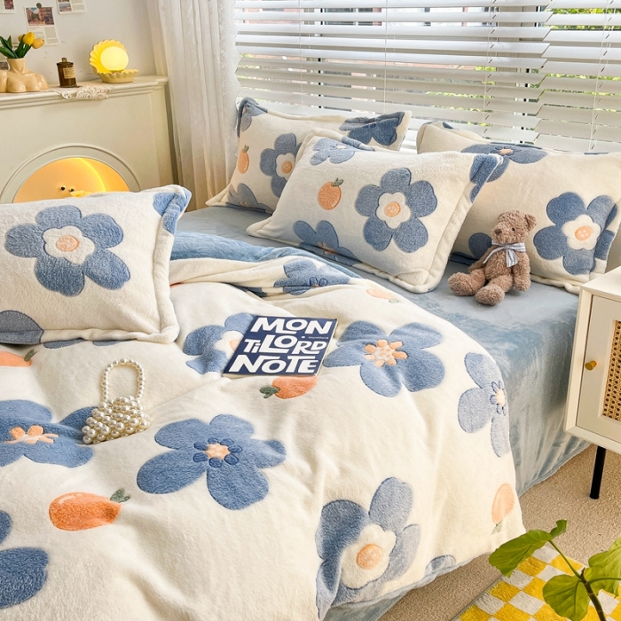 91家纺网 家纺一手货源 找家纺 慕尚2022新款5D牛奶绒法莱绒雪花绒四件套橘子花