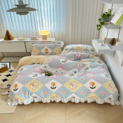 （总）昔可 2022新款花边牛奶绒四件套