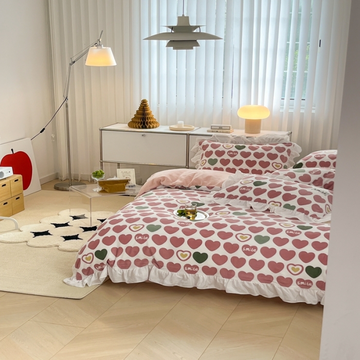 91家纺网 家纺一手货源 找家纺 昔可 2022新款花边牛奶绒四件套 爱心微笑粉