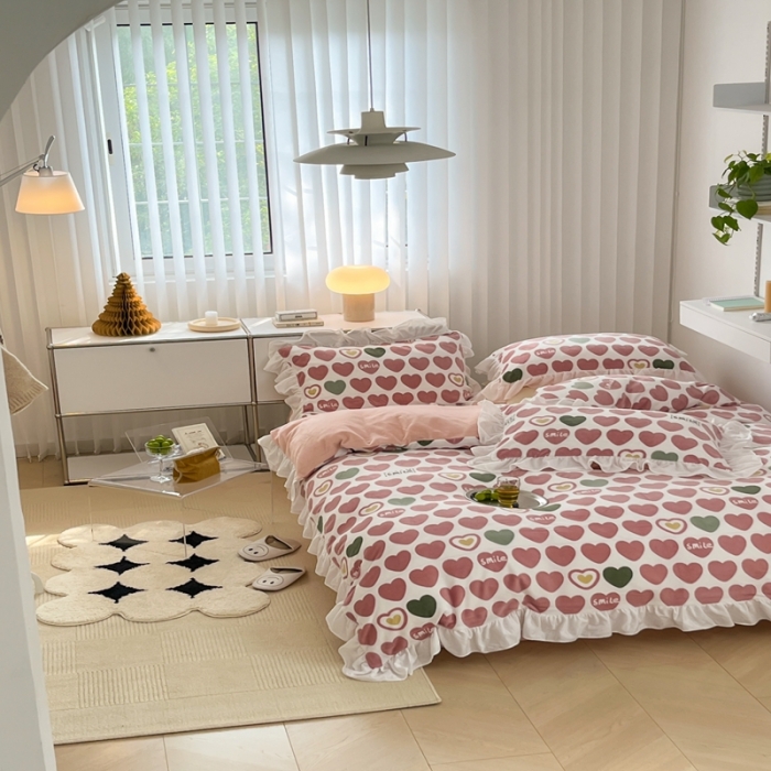 91家纺网 家纺一手货源 找家纺 昔可 2022新款花边牛奶绒四件套 爱心微笑粉