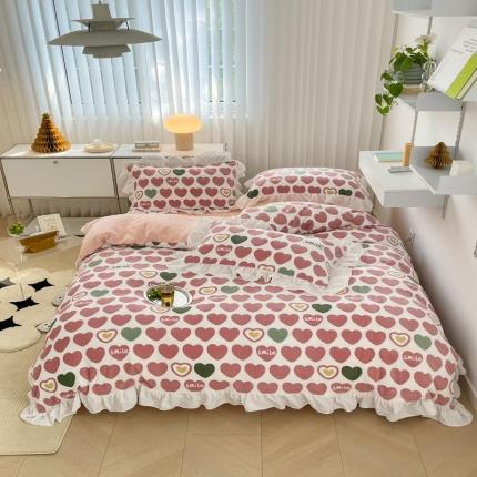 昔可 2022新款花边牛奶绒四件套 爱心微笑粉