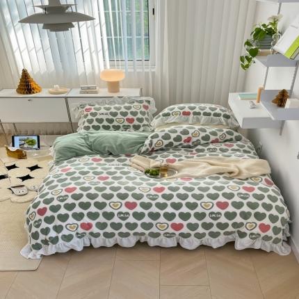 昔可 2022新款花边牛奶绒四件套 爱心微笑绿