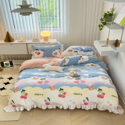 昔可 2022新款花边牛奶绒四件套 彩虹樱桃熊