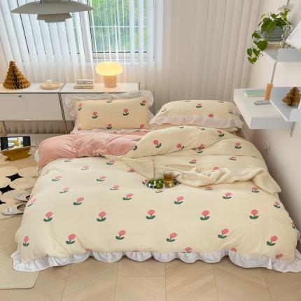 昔可 2022新款花边牛奶绒四件套 粉嫩小郁金