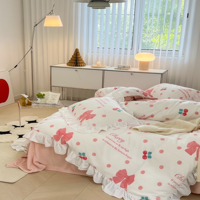 91家纺网 家纺一手货源 找家纺 昔可 2022新款花边牛奶绒四件套 粉色少女心