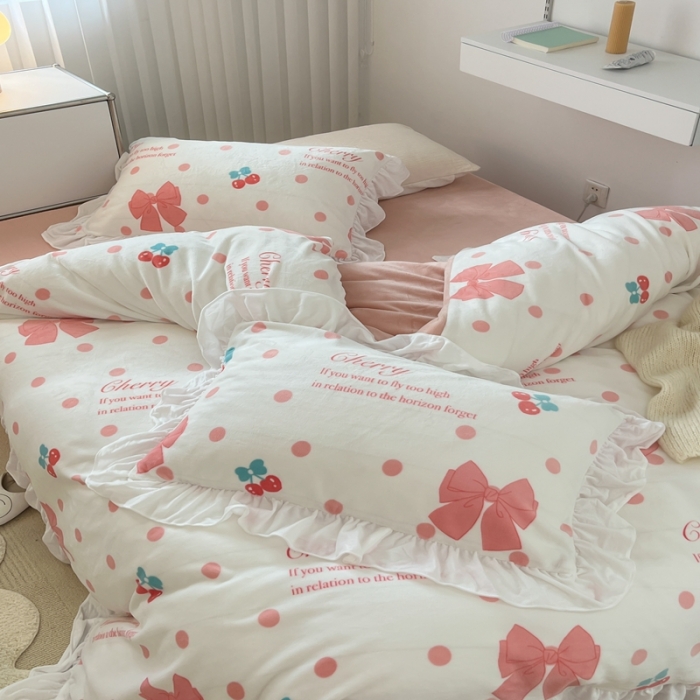 91家纺网 家纺一手货源 找家纺 昔可 2022新款花边牛奶绒四件套 粉色少女心