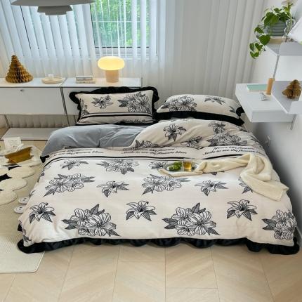 昔可 2022新款花边牛奶绒四件套 复古黑花