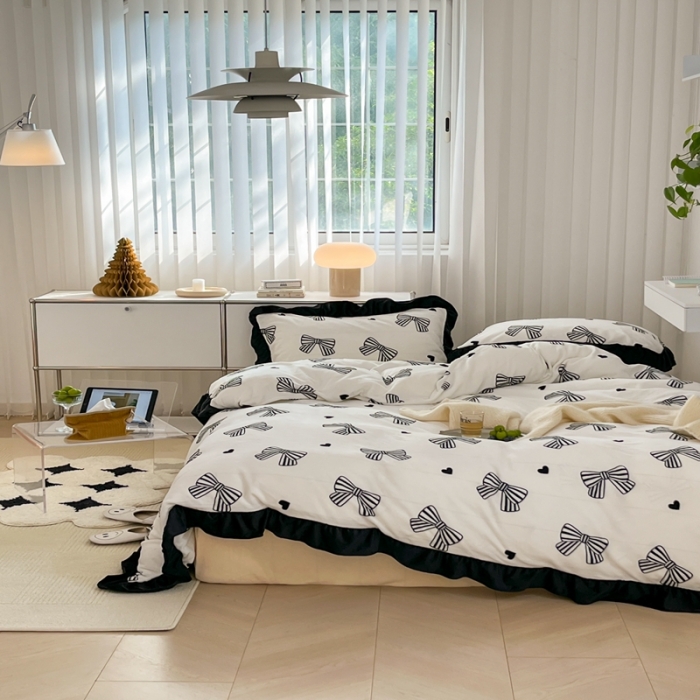 91家纺网 家纺一手货源 找家纺 昔可 2022新款花边牛奶绒四件套 赫本蝴蝶结