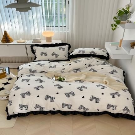 昔可 2022新款花边牛奶绒四件套 赫本蝴蝶结