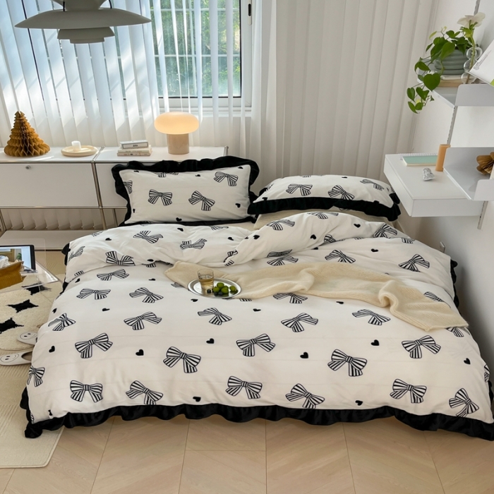 91家纺网 家纺一手货源 找家纺 昔可 2022新款花边牛奶绒四件套 赫本蝴蝶结