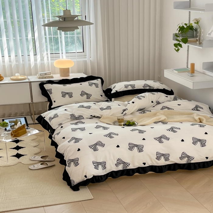 91家纺网 家纺一手货源 找家纺 昔可 2022新款花边牛奶绒四件套 赫本蝴蝶结