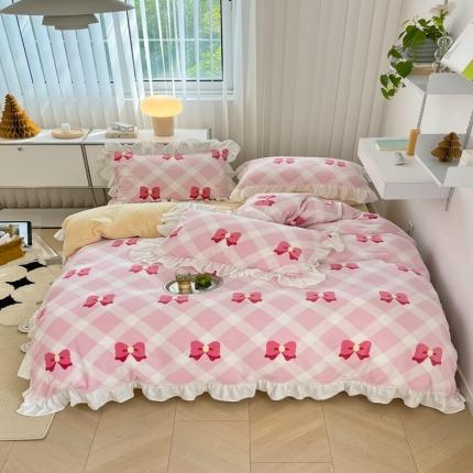 昔可 2022新款花边牛奶绒四件套 菱格蝴蝶结粉