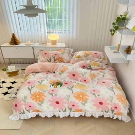 昔可 2022新款花边牛奶绒四件套 油画粉花