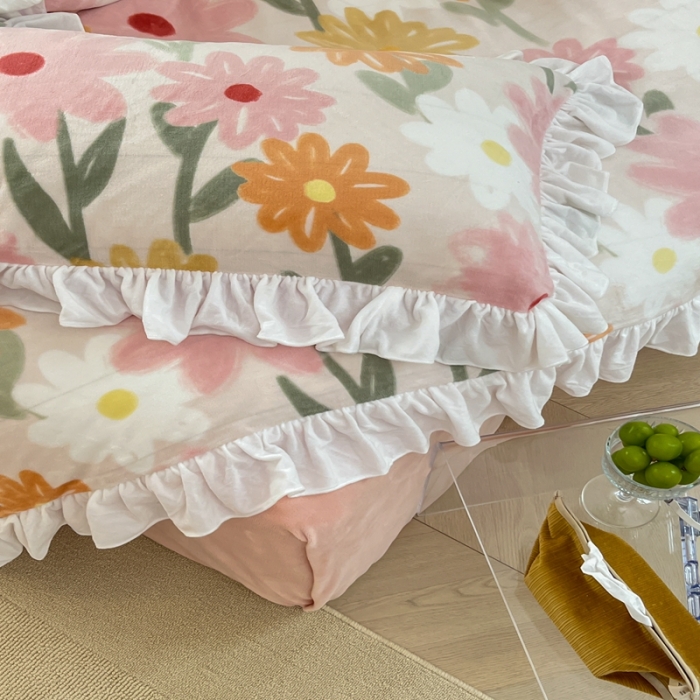 91家纺网 家纺一手货源 找家纺 昔可 2022新款花边牛奶绒四件套 油画粉花