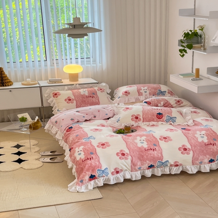 91家纺网 家纺一手货源 找家纺 昔可 2022新款花边牛奶绒四件套 油画小兔