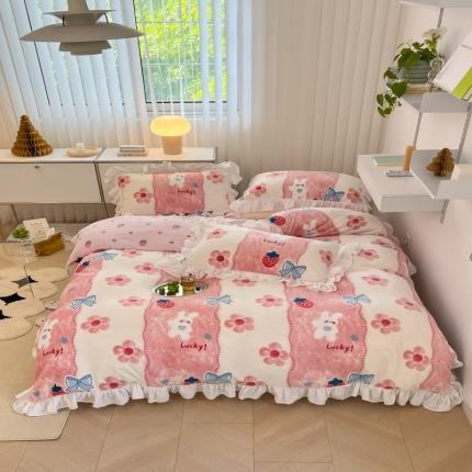 昔可 2022新款花边牛奶绒四件套 油画小兔