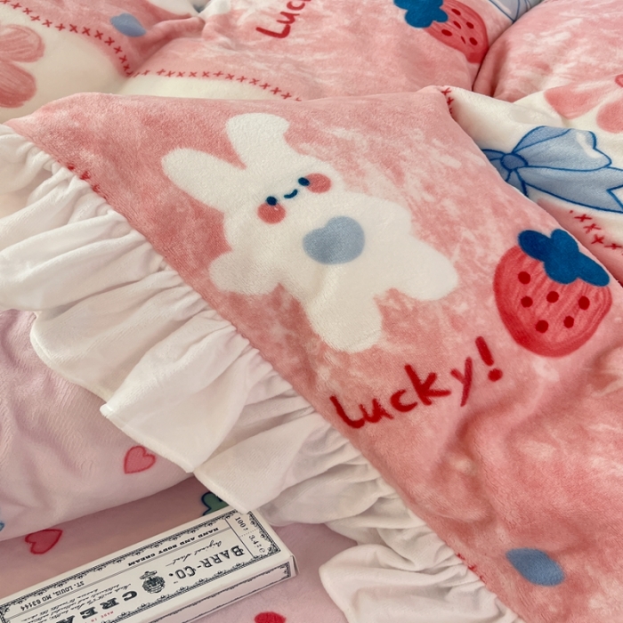 91家纺网 家纺一手货源 找家纺 昔可 2022新款花边牛奶绒四件套 油画小兔