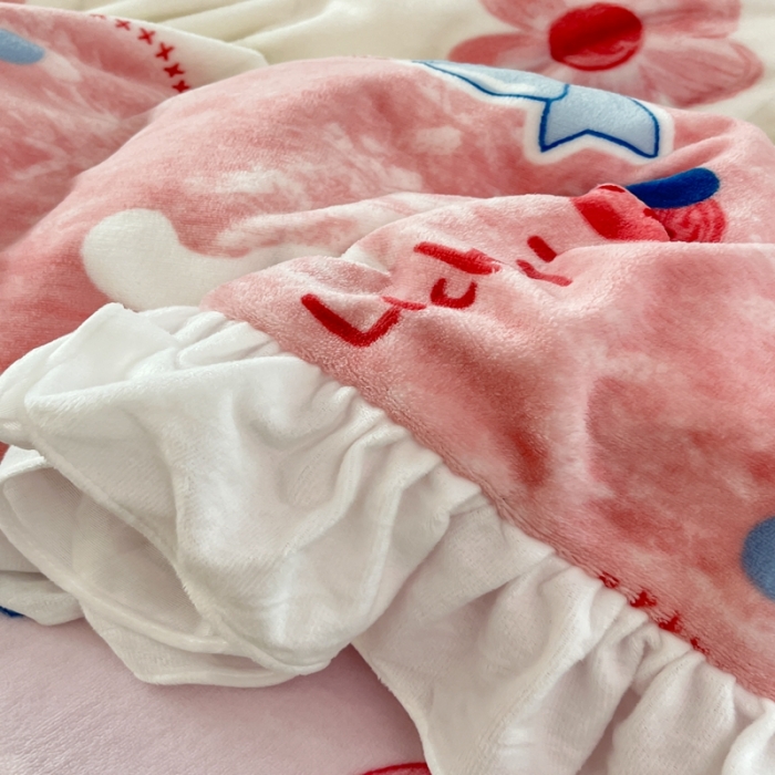 91家纺网 家纺一手货源 找家纺 昔可 2022新款花边牛奶绒四件套 油画小兔