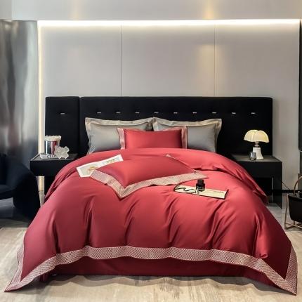 91家纺网 家纺一手货源 找家纺 朵美 2022新款 【DM】140支匹马棉纯色刺绣四件套 酒红