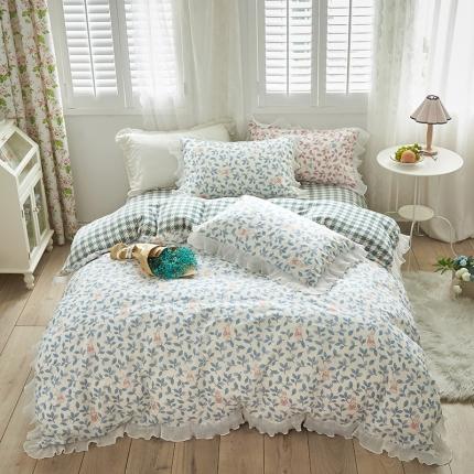 91家纺网 家纺一手货源 找家纺 怡家居 2022新款秋冬棉加牛奶绒韩式花边款四件套 菲菲兔-蓝