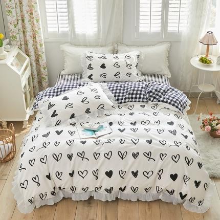 91家纺网 家纺一手货源 找家纺 怡家居 2022新款秋冬棉加牛奶绒韩式花边款四件套 黑白调