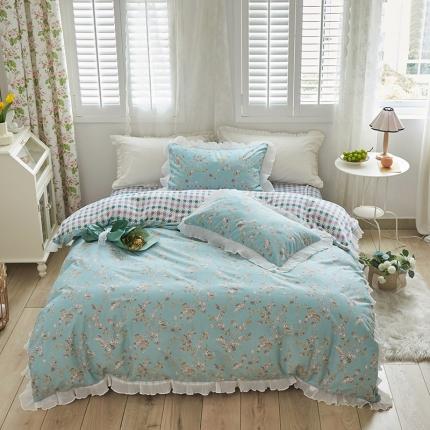 91家纺网 家纺一手货源 找家纺 怡家居 2022新款秋冬棉加牛奶绒韩式花边款四件套 绿禾