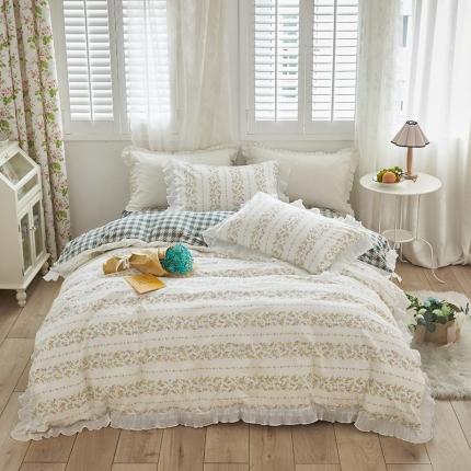 91家纺网 家纺一手货源 找家纺 怡家居 2022新款秋冬棉加牛奶绒韩式花边款四件套 青吟