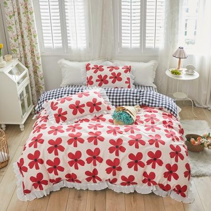 91家纺网 家纺一手货源 找家纺 怡家居 2022新款秋冬棉加牛奶绒韩式花边款四件套 月影花