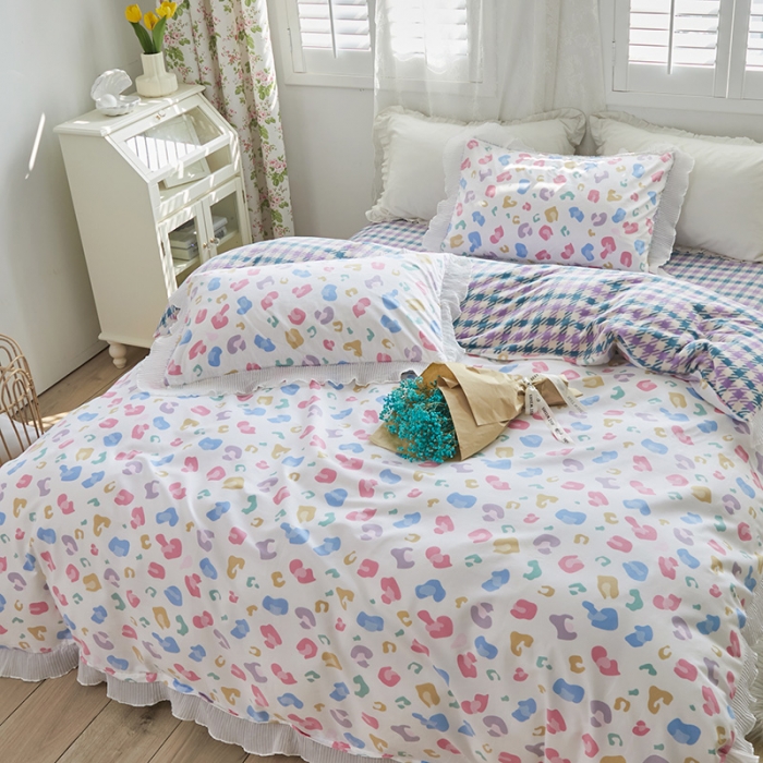 91家纺网 家纺一手货源 找家纺 怡家居 2022新款秋冬棉加牛奶绒韩式花边款四件套 豹纹紫