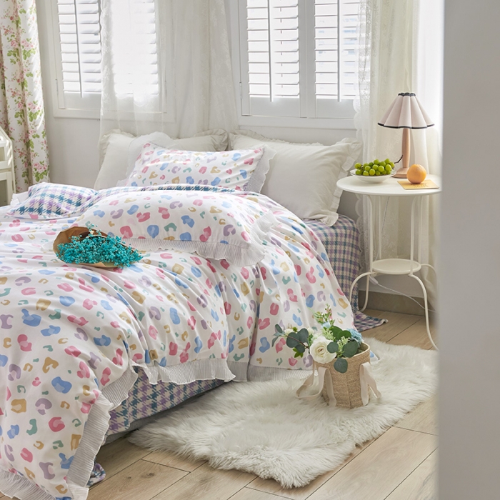 91家纺网 家纺一手货源 找家纺 怡家居 2022新款秋冬棉加牛奶绒韩式花边款四件套 豹纹紫