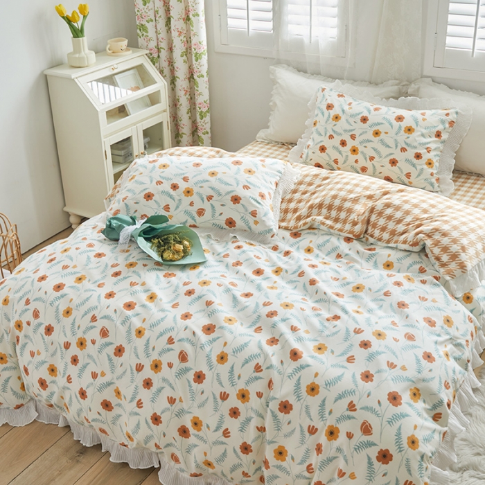 91家纺网 家纺一手货源 找家纺 怡家居 2022新款秋冬棉加牛奶绒韩式花边款四件套 初心