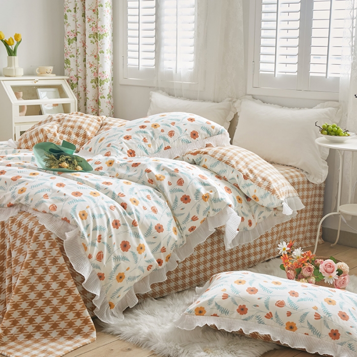 91家纺网 家纺一手货源 找家纺 怡家居 2022新款秋冬棉加牛奶绒韩式花边款四件套 初心