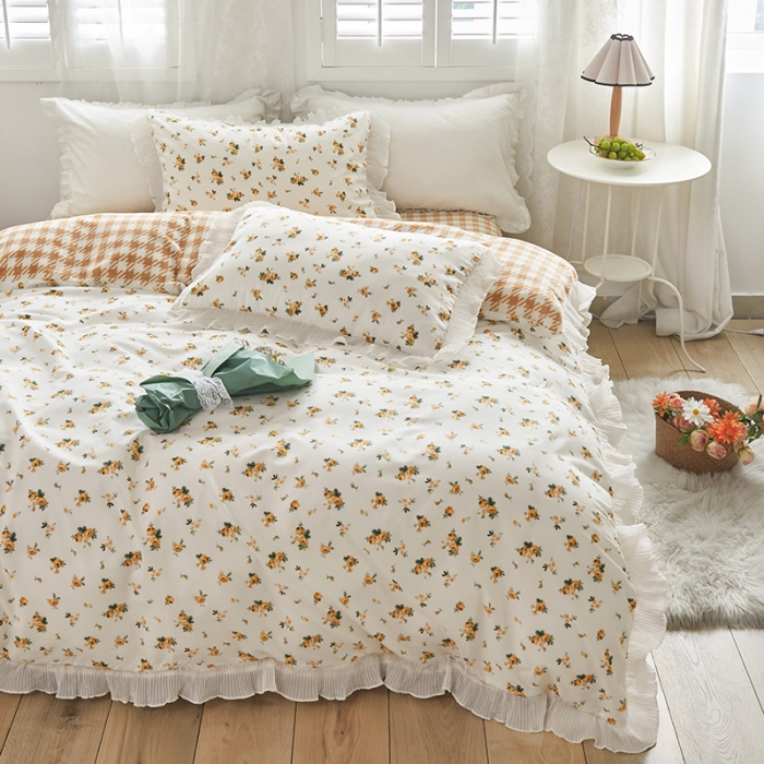 91家纺网 家纺一手货源 找家纺 怡家居 2022新款秋冬棉加牛奶绒韩式花边款四件套 凡而赛