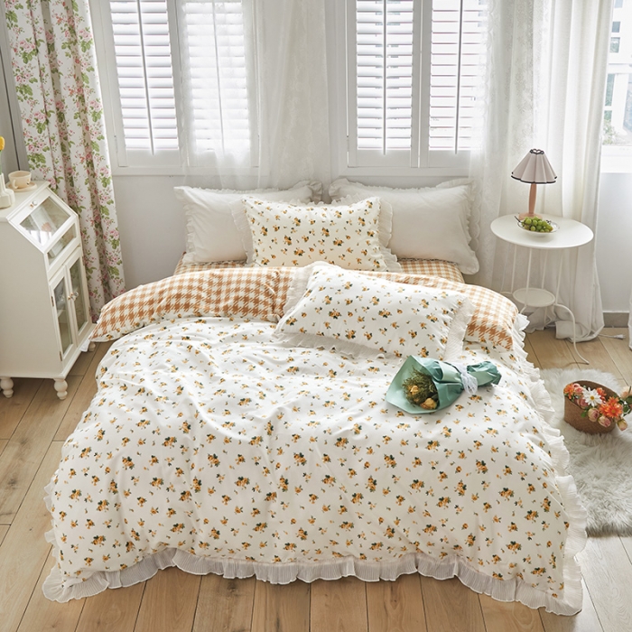 91家纺网 家纺一手货源 找家纺 怡家居 2022新款秋冬棉加牛奶绒韩式花边款四件套 凡而赛