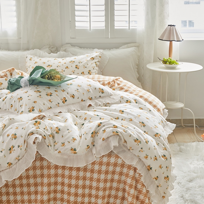 91家纺网 家纺一手货源 找家纺 怡家居 2022新款秋冬棉加牛奶绒韩式花边款四件套 凡而赛