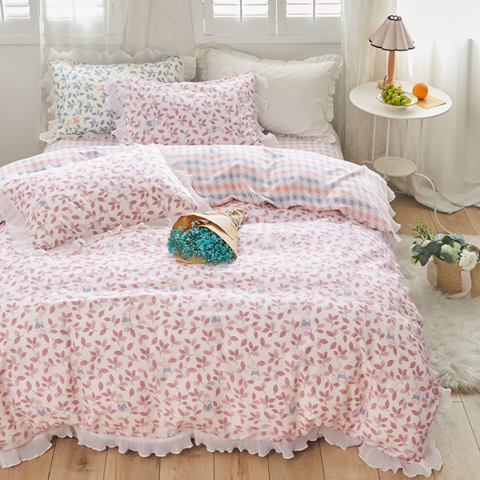 91家纺网 家纺一手货源 找家纺 怡家居 2022新款秋冬棉加牛奶绒韩式花边款四件套 菲菲兔-粉