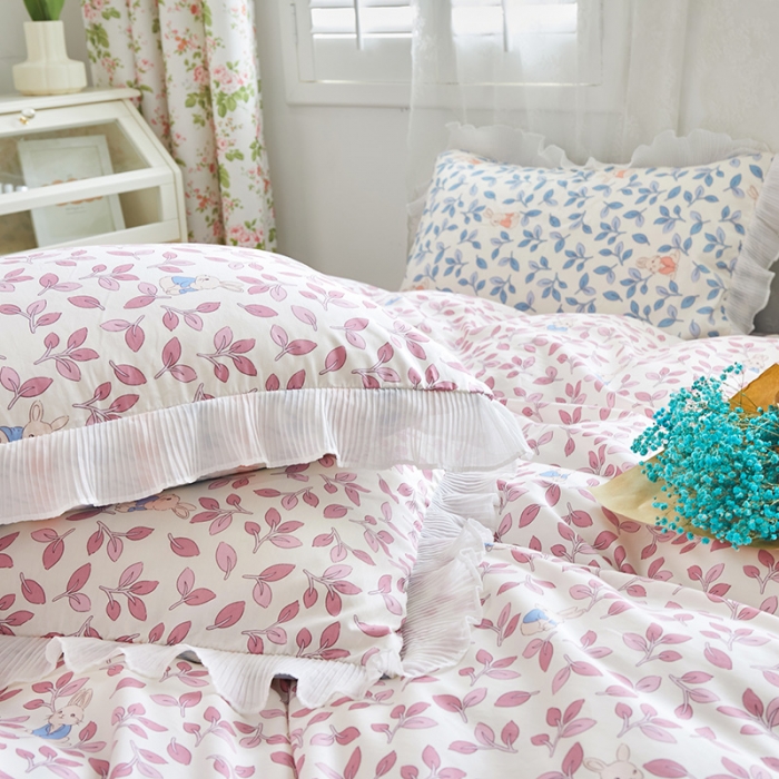 91家纺网 家纺一手货源 找家纺 怡家居 2022新款秋冬棉加牛奶绒韩式花边款四件套 菲菲兔-粉