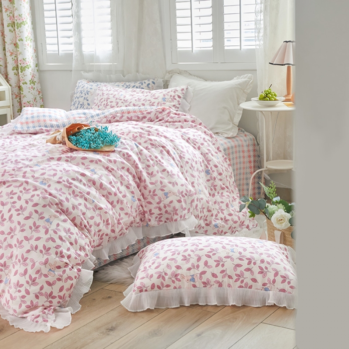 91家纺网 家纺一手货源 找家纺 怡家居 2022新款秋冬棉加牛奶绒韩式花边款四件套 菲菲兔-粉