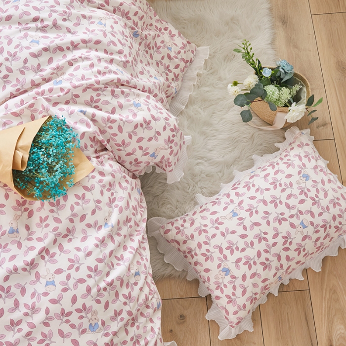91家纺网 家纺一手货源 找家纺 怡家居 2022新款秋冬棉加牛奶绒韩式花边款四件套 菲菲兔-粉