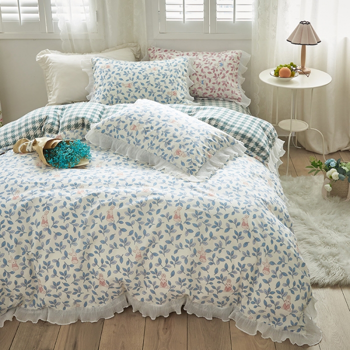 91家纺网 家纺一手货源 找家纺 怡家居 2022新款秋冬棉加牛奶绒韩式花边款四件套 菲菲兔-蓝