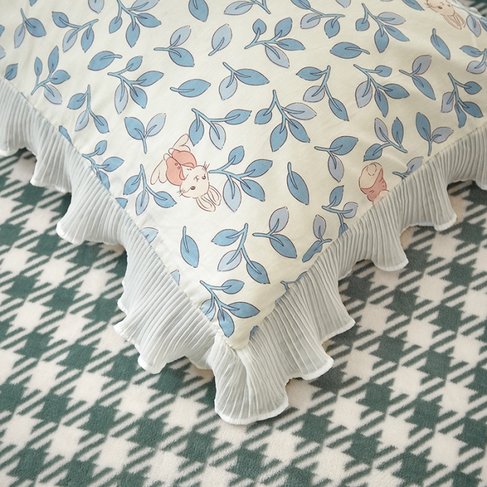 91家纺网 家纺一手货源 找家纺 怡家居 2022新款秋冬棉加牛奶绒韩式花边款四件套 菲菲兔-蓝