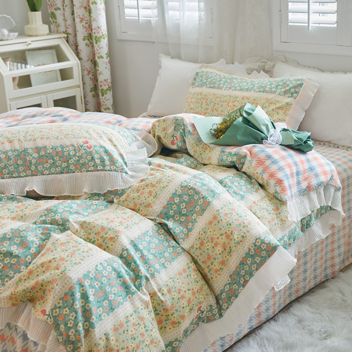 91家纺网 家纺一手货源 找家纺 怡家居 2022新款秋冬棉加牛奶绒韩式花边款四件套 芬芳