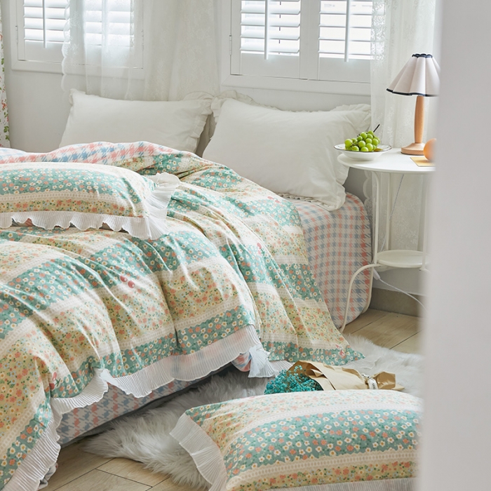 91家纺网 家纺一手货源 找家纺 怡家居 2022新款秋冬棉加牛奶绒韩式花边款四件套 芬芳