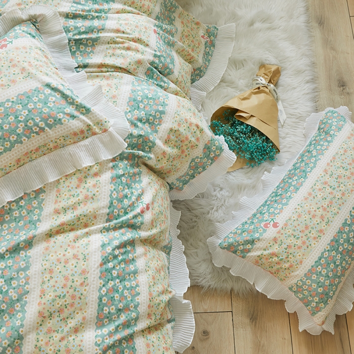 91家纺网 家纺一手货源 找家纺 怡家居 2022新款秋冬棉加牛奶绒韩式花边款四件套 芬芳