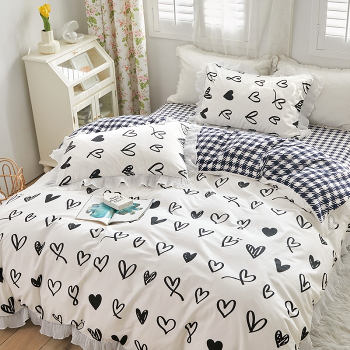 91家纺网 家纺一手货源 找家纺 怡家居 2022新款秋冬棉加牛奶绒韩式花边款四件套 黑白调