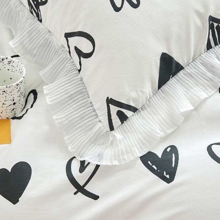 91家纺网 家纺一手货源 找家纺 怡家居 2022新款秋冬棉加牛奶绒韩式花边款四件套 黑白调