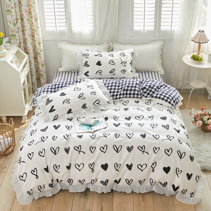 91家纺网 家纺一手货源 找家纺 怡家居 2022新款秋冬棉加牛奶绒韩式花边款四件套 黑白调