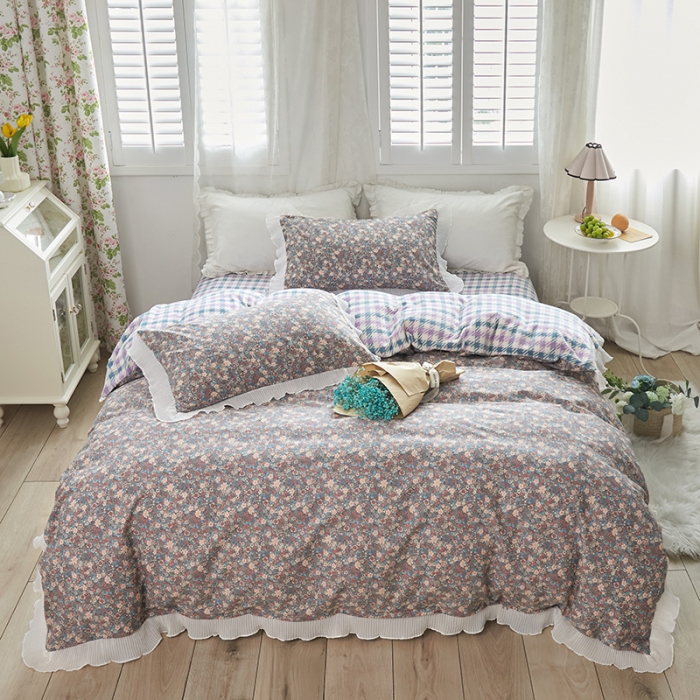 91家纺网 家纺一手货源 找家纺 怡家居 2022新款秋冬棉加牛奶绒韩式花边款四件套 科莫花园