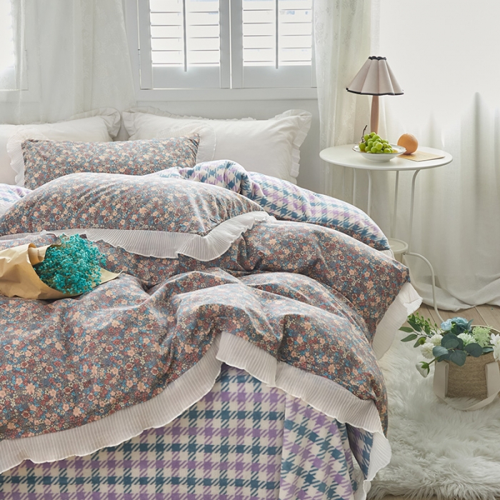 91家纺网 家纺一手货源 找家纺 怡家居 2022新款秋冬棉加牛奶绒韩式花边款四件套 科莫花园